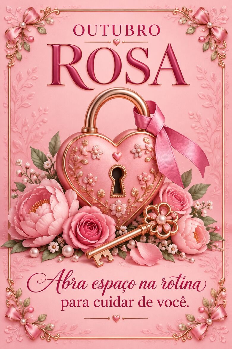 Cartão Outubro Rosa com cadeado rosa em formato de coração, chave dourada e arranjo de flores